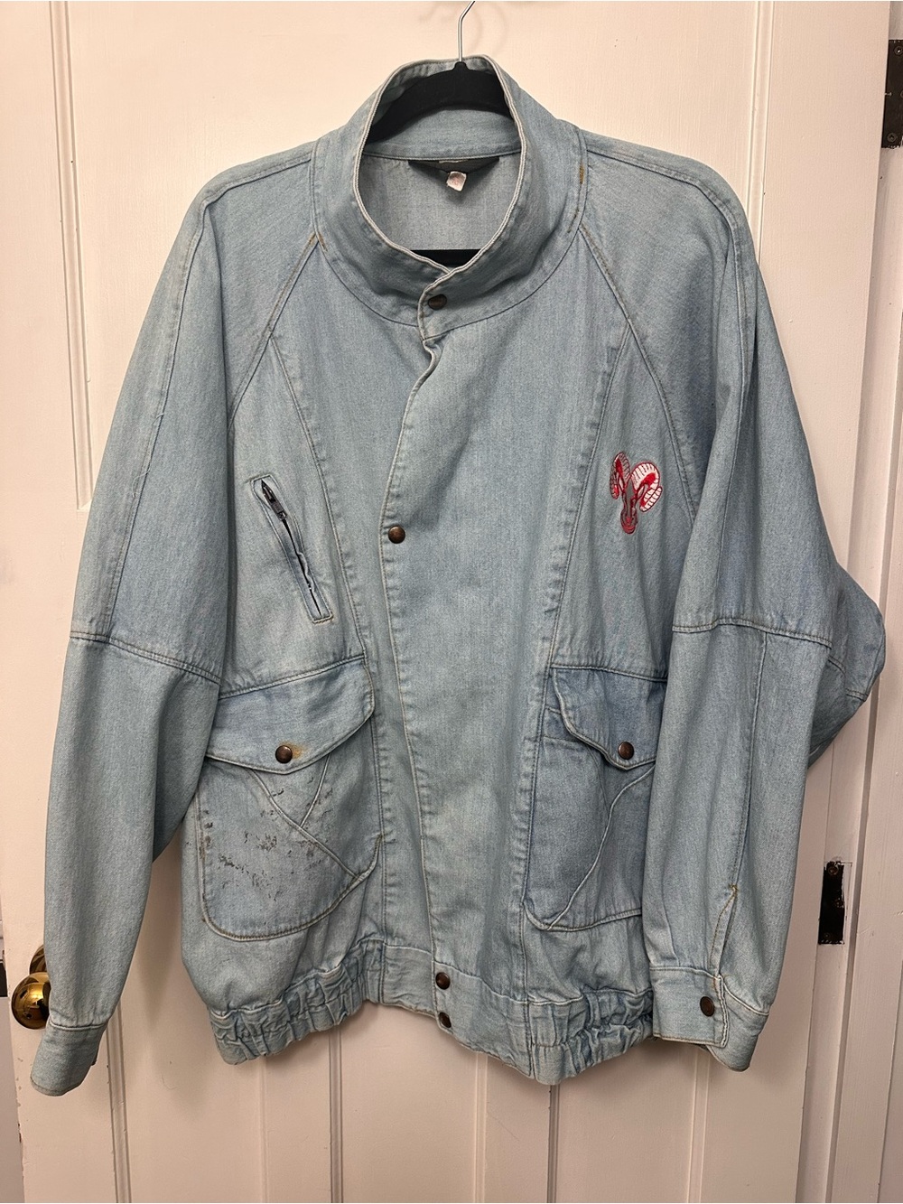 Vintage 80’s Light Blue Denim XL Bomber Jacket Dodge “Ram Tough”